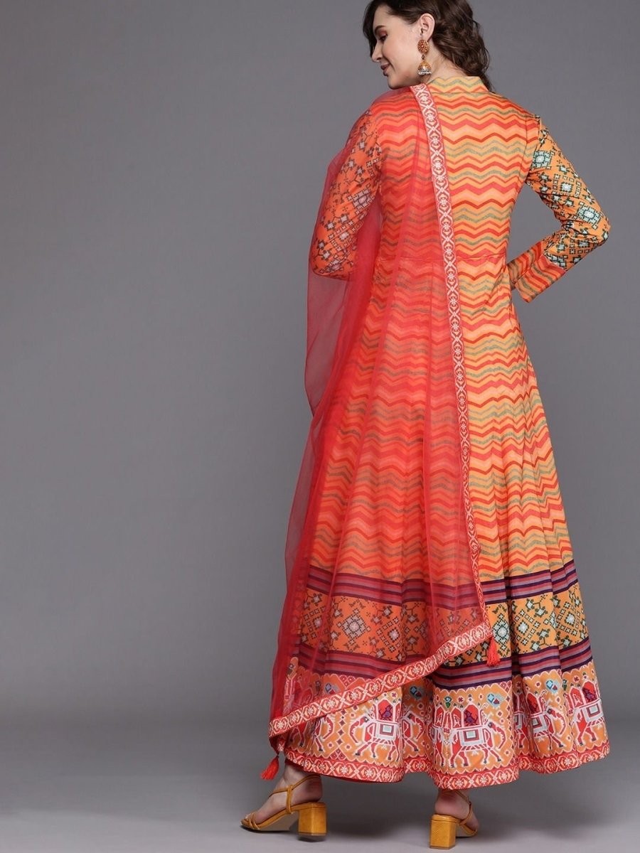 Orange Leheriya Print Panelled Kurta with Dupatta - inddus-us