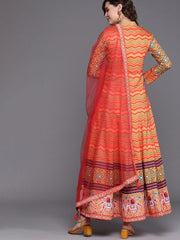 Orange Leheriya Print Panelled Kurta with Dupatta - inddus-us