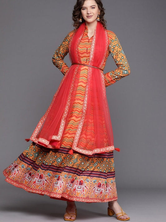 Orange Leheriya Print Panelled Kurta with Dupatta - inddus-us