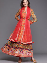 Orange Leheriya Print Panelled Kurta with Dupatta - inddus-us