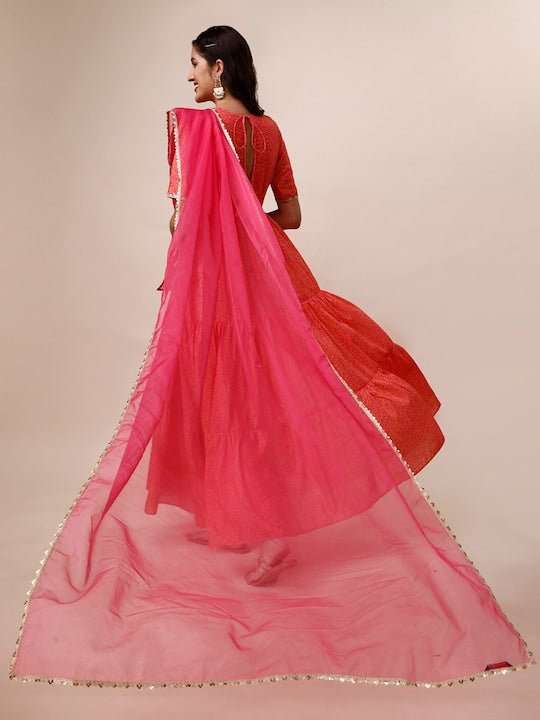 Orange & Pink Floral Printed Gotta Patti Tiered Kurta With Dupatta - Inddus.com