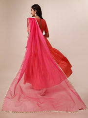 Orange & Pink Floral Printed Gotta Patti Tiered Kurta With Dupatta - Inddus.com