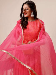 Orange & Pink Floral Printed Gotta Patti Tiered Kurta With Dupatta - Inddus.com