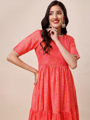 Orange & Pink Floral Printed Gotta Patti Tiered Kurta With Dupatta - Inddus.com