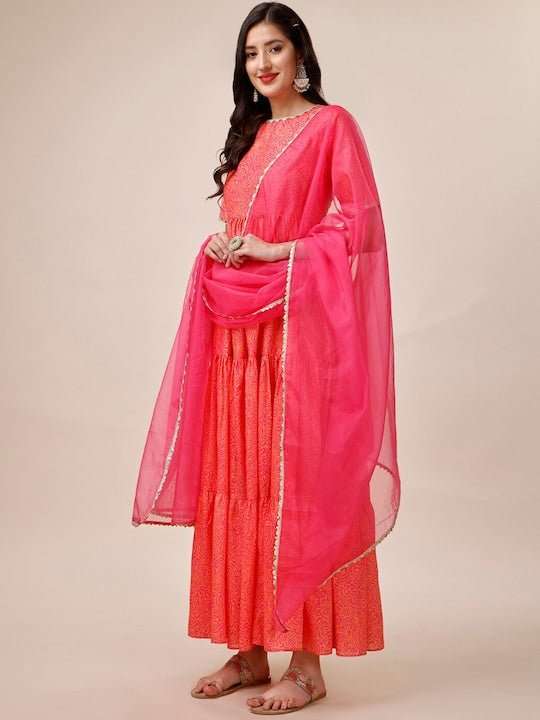 Orange & Pink Floral Printed Gotta Patti Tiered Kurta With Dupatta - Inddus.com