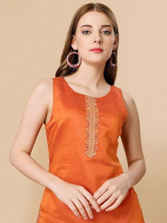 Orange Sequinned Chanderi Cotton Kurta & Sharara With Dupatta - Inddus.com