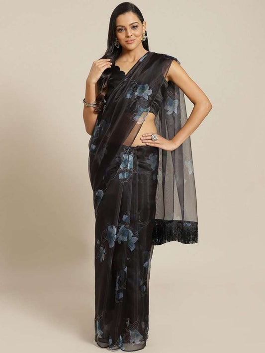 Organza Black Printed Saree - inddus-us
