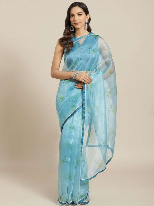 Organza Blue Printed Saree - inddus-us