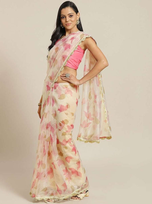 Organza Cream Printed Saree - inddus-us