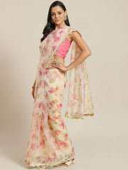 Organza Cream Printed Saree - inddus-us