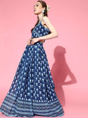 Outstanding Blue Poly Georgette Printed Crop Top - inddus-us