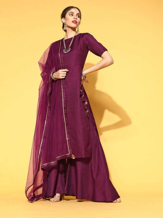 outstanding purple silk blend woven design kurta set