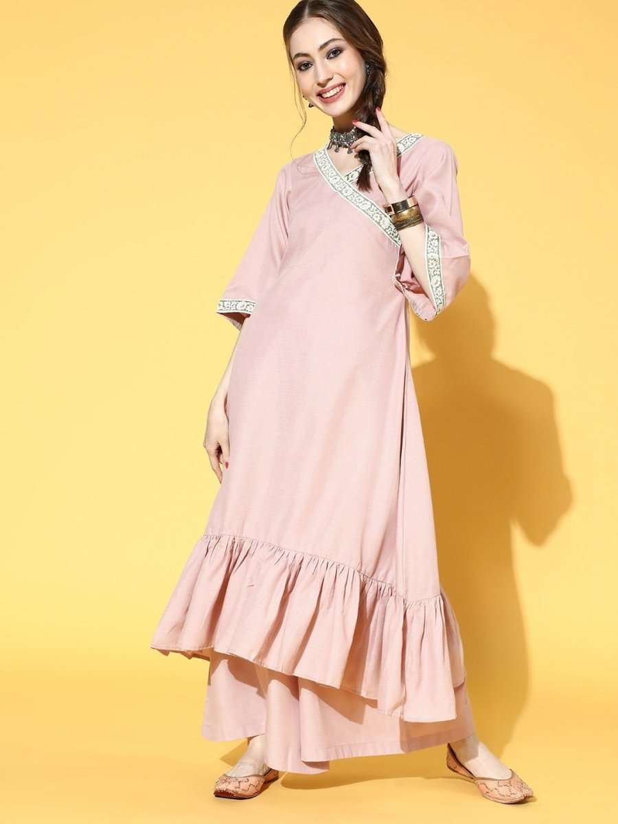 Pastel Pink Laced Ruffled Kurta with Palazzo - inddus-us
