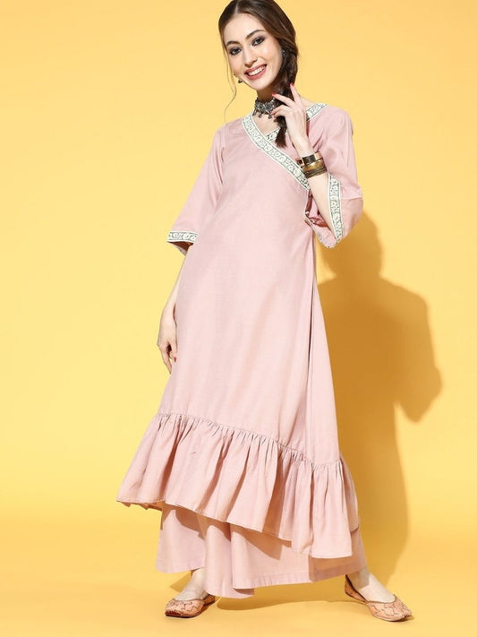 Pastel Pink Laced Ruffled Kurta with Palazzo - inddus-us