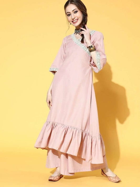 Pastel Pink Laced Ruffled Kurta with Palazzo - inddus-us