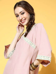 Pastel Pink Laced Ruffled Kurta with Palazzo - inddus-us