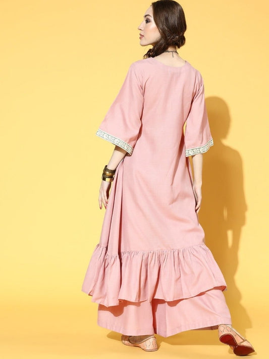 Pastel Pink Laced Ruffled Kurta with Palazzo - inddus-us