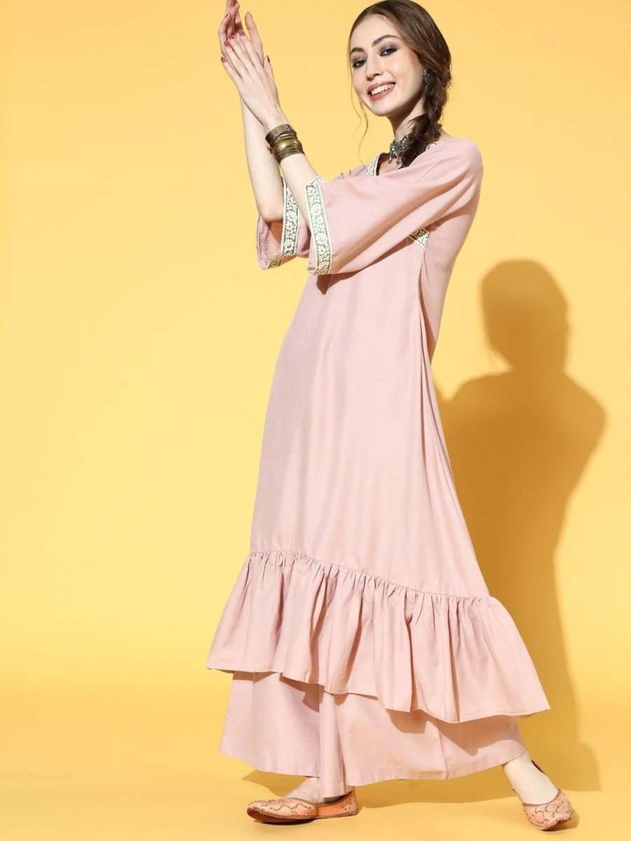 Pastel Pink Laced Ruffled Kurta with Palazzo - inddus-us