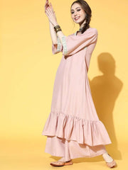 Pastel Pink Laced Ruffled Kurta with Palazzo - inddus-us