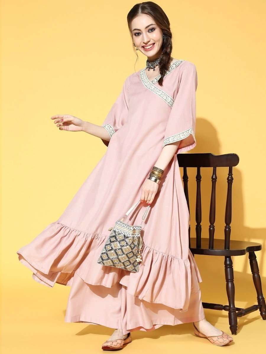 Pastel Pink Laced Ruffled Kurta with Palazzo - inddus-us