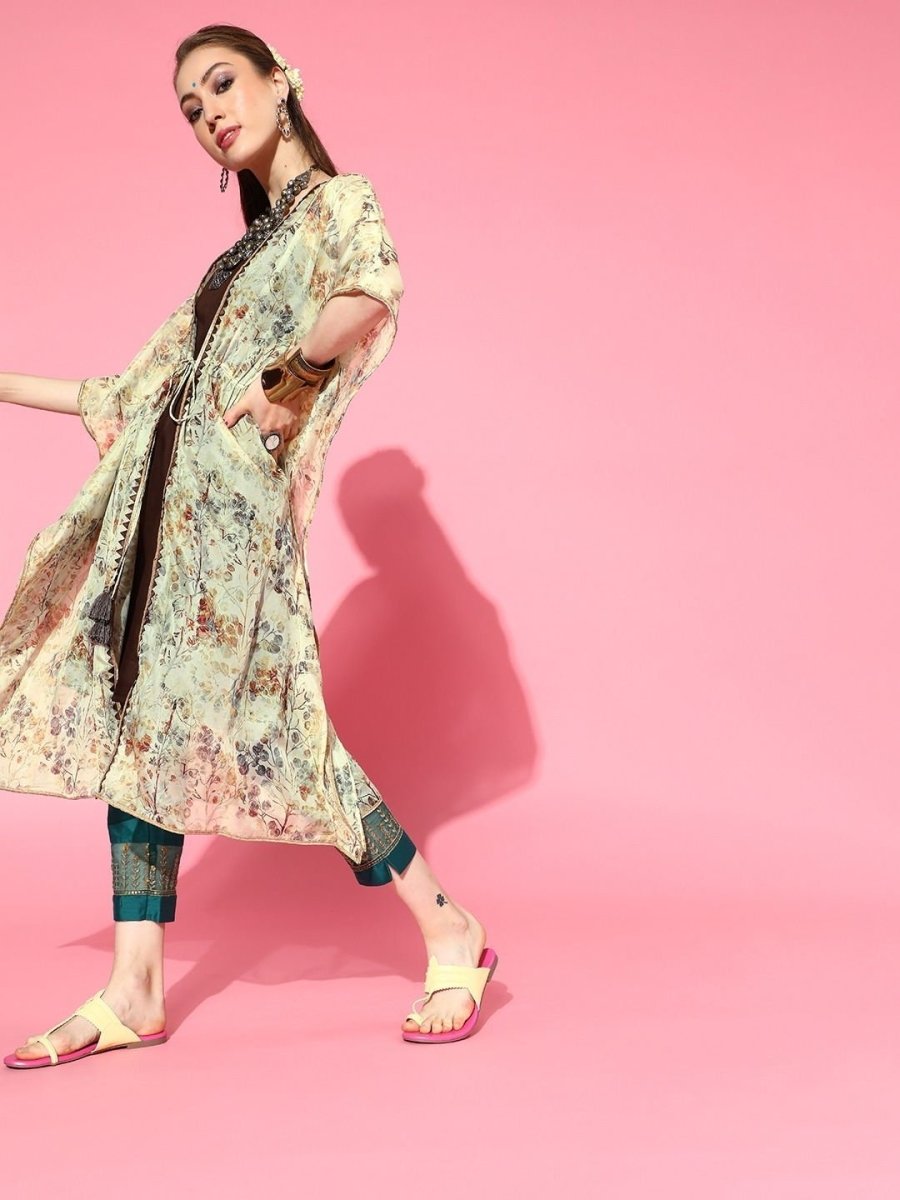 Pastel Yellow Printed Kaftan Kurta - inddus-us
