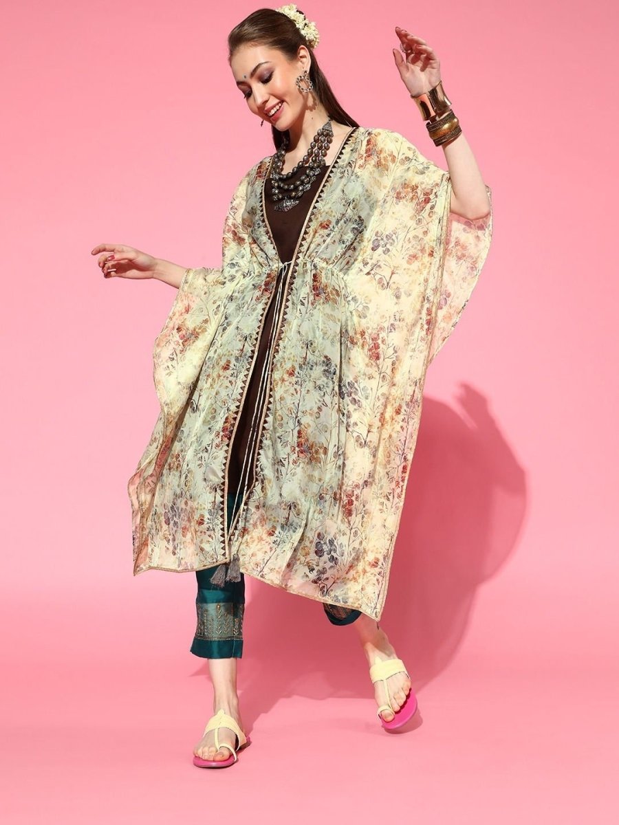 Pastel Yellow Printed Kaftan Kurta - inddus-us