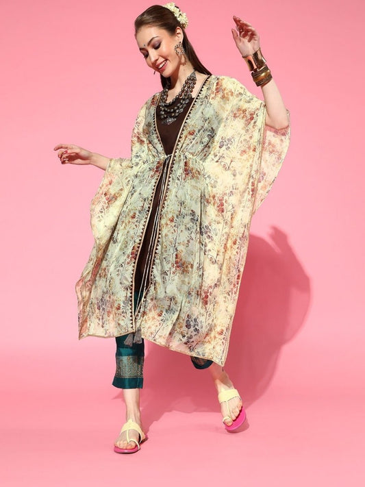 Pastel Yellow Printed Kaftan Kurta - inddus-us