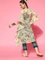 Pastel Yellow Printed Kaftan Kurta - inddus-us