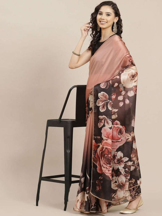 Peach and Brown Floral Digital Print Saree - inddus-us
