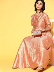 Peach Brocade Anarkali Kurta with Dupatta - Inddus.com
