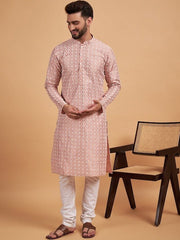 Peach-Coloured Ethnic Motif Embroidered Chikankari Straight Kurta - Inddus.com