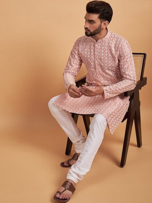 Peach-Coloured Ethnic Motif Embroidered Chikankari Straight Kurta - Inddus.com