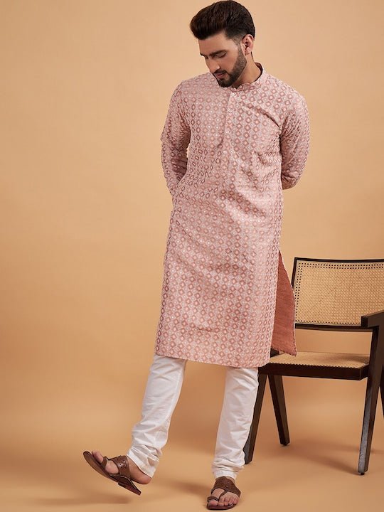 Peach-Coloured Ethnic Motif Embroidered Chikankari Straight Kurta - Inddus.com