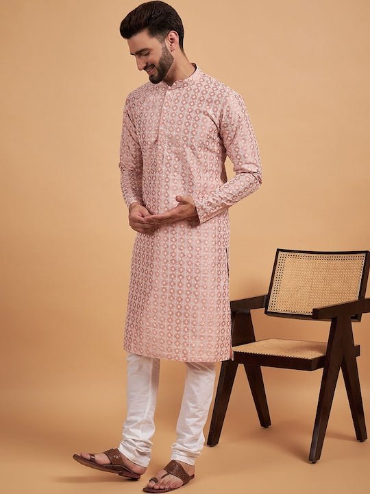 Peach-Coloured Ethnic Motif Embroidered Chikankari Straight Kurta - Inddus.com