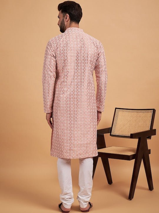 Peach-Coloured Ethnic Motif Embroidered Chikankari Straight Kurta - Inddus.com
