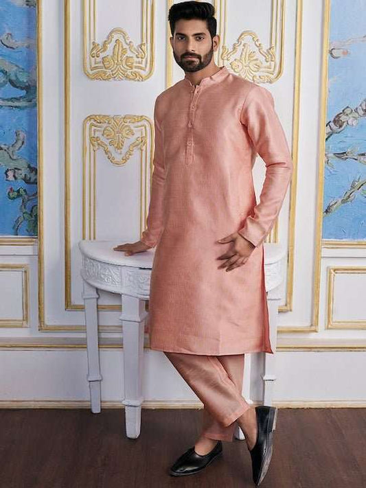Peach-Coloured Ethnic Motifs Woven Design Kurta with Trousers - Inddus.com