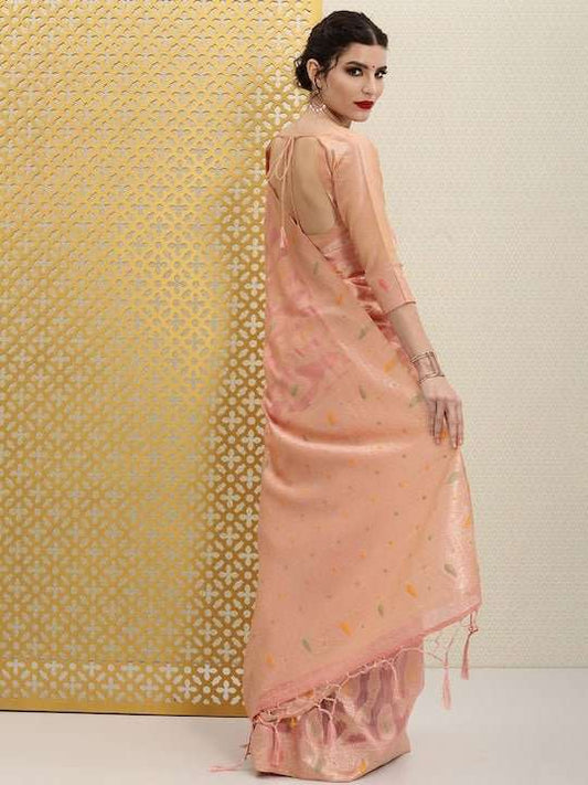 Peach-Coloured & Golden Paisley Woven Design Jashn Saree - Inddus.com