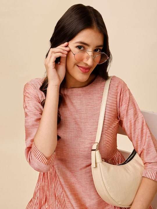 Peach-Coloured Striped Pleated A-Line Kurta With Trousers - Inddus.com