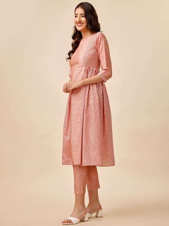 Peach-Coloured Striped Pleated A-Line Kurta With Trousers - Inddus.com