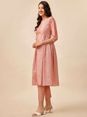 Peach-Coloured Striped Pleated A-Line Kurta With Trousers - Inddus.com