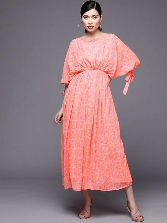 Peach-Coloured & White Georgette Ethnic Kaftan Maxi Dress - Inddus.com