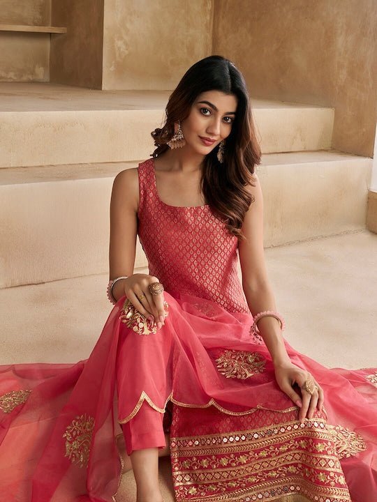 Peach-Coloured Woven Design Thread Work Straight Kurta & Trousers With Dupatta - Inddus.com