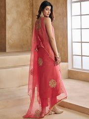 Peach-Coloured Woven Design Thread Work Straight Kurta & Trousers With Dupatta - Inddus.com