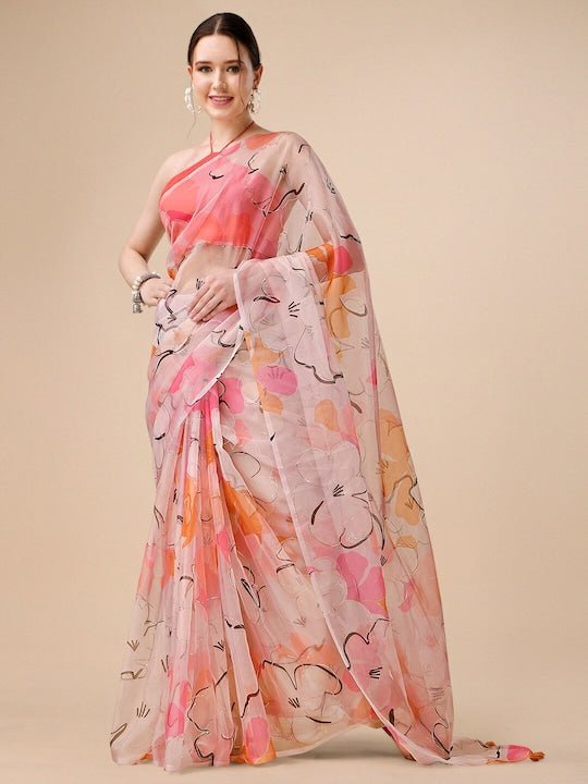 Peach-Coloured & Yellow Floral Printed Organza Saree - Inddus.com