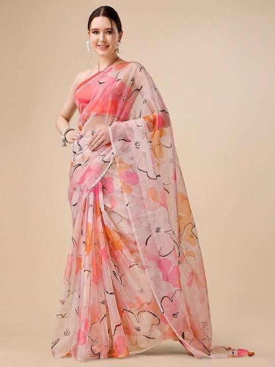 Peach-Coloured & Yellow Floral Printed Organza Saree - Inddus.com
