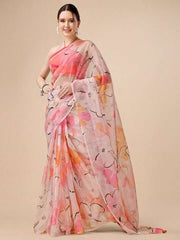 Peach-Coloured & Yellow Floral Printed Organza Saree - Inddus.com