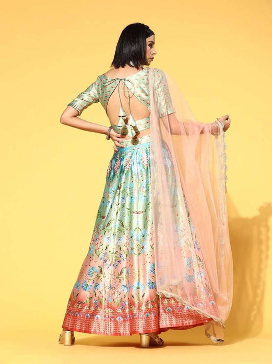 Peach Digital Print Lehenga with Dupatta and Blouse - Inddus.com