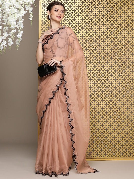 Peach Embroidered Organza Saree - Inddus.com