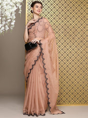 Peach Embroidered Organza Saree - Inddus.com