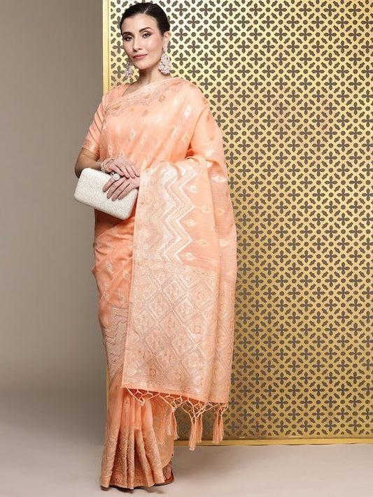 Peach Ethnic Motifs Zari Linen Blend Banarasi Saree - Inddus.com
